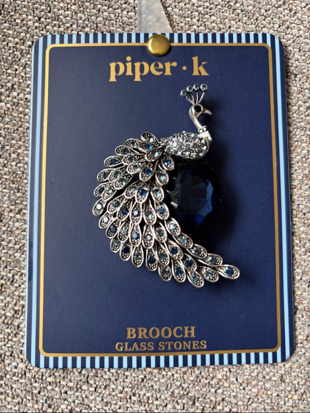 Piper•k Silver Peacock Brooch with Dark Blue and Light Blue Stones